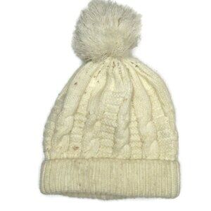 Cable‎ Knit Winter Faux Fur Pom Beanie Hat OS White